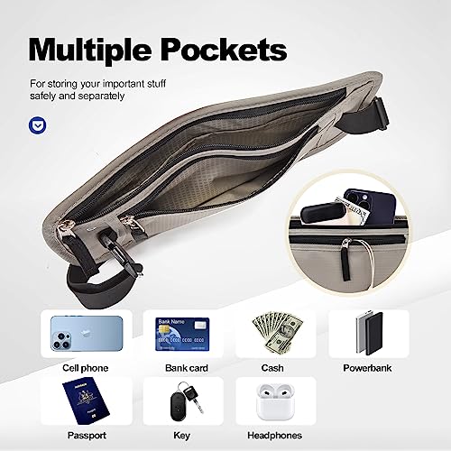 Unisex Money Belt with RFID Blocking Sleeves, Slim Passport Holder RFID Blocking Travel Essentials, Waist Pouch to Protect Cash, Light Grey & 6 Sleeves - color: Light Grey & 6 Sleeves, size: Medium