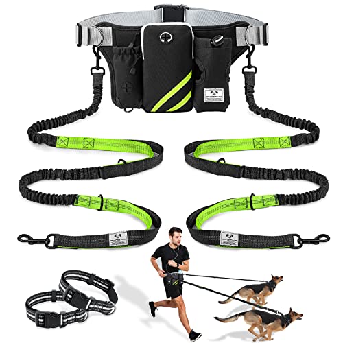 SHINE HAI Retractable Hands Free Dog Leash with Dual Bungees for 2 Dogs, Adjustable Waist Belt, Reflective Stitching Leash for Running Walking Hiking Jogging Biking Black - Green1 - color: Green/Black
