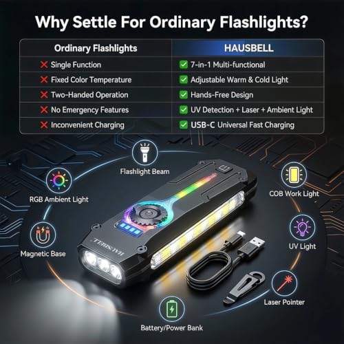 HAUSBELL UV Flat EDC Flashlight Rechargeable, 365nm Black Light & Red Laser Pointer, Slim Pocket Light 1800 Lumens, Stepless Dimming, Side-COB Flood, Magnetic Base for Outdoor, Car Repairing, Gifts - color: Black