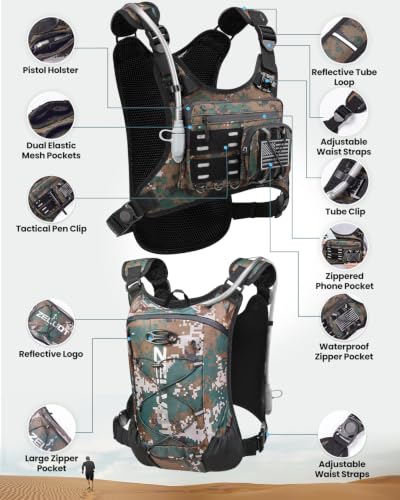 Zelvot Running Vest with 2L Water Bladder, Hydration Backpack, U.S. Design Patent, Lightweight Hydration Pack with Gear Holder, Reflective Chest Pack for Men Women - color: Camo Army Green, size: M/L (12L)