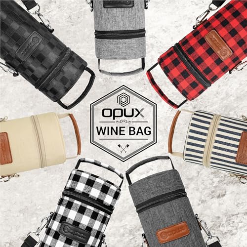 opux Single Bottle Wine Bag Carrier Insulated Cooler Tote Plaid White Black - color: Buffalo Plaid White