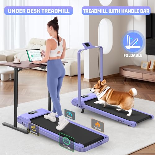 FUNMILY Upgrade Walking Pad Folding Treadmill with 12%/15% Incline & Handle Bar, 3.5HP Foldable Under Desk Compact Treadmills for Home/Office/Gym, 400+lb Capacity, Shock Absorption - color: Purple