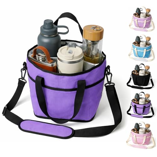 Drink Carrier Bag 4 Compartment Family Size Insulated Water Bottle Holder & Tumbler Tote with Adjustable Strap Nylon Organizer Caddy with Front Pocket for Picnic No-Spill for Car (Purple)