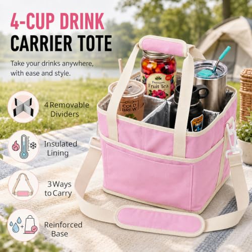 Drink Carrier Bag, Family Size 4 Compartment Drink Bag - Pink - color: Cherry Blossom Pink