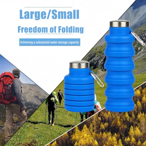 Collapsible Water Bottle 16 oz - Reusable Silicone, Eco-Friendly, BPA-Free, Leak-Proof, Comes with a Carabiner Portable Collapsible Design, Suitable for Gym, Travel, Camping, Hiking, Sports