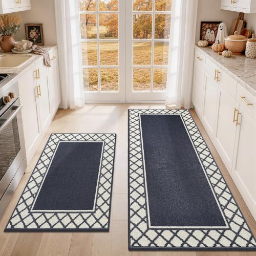 COSY HOMEER Washable Kitchen Rugs Sets of 2 Non-Slip Kitchen Mats,Navy - color: Navy Blue, size: 24"x35" + 24"x60"