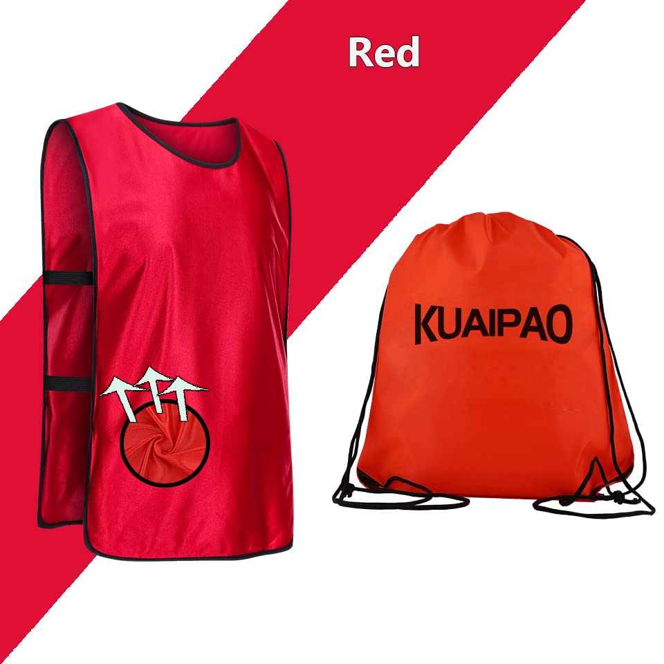 KUAIPAO 12 Pieces Soccer Pinnies Scrimmage Vest Team Practice Jerseys Sports Pinnies With Free Carry Bag - color: Red, size: Medium