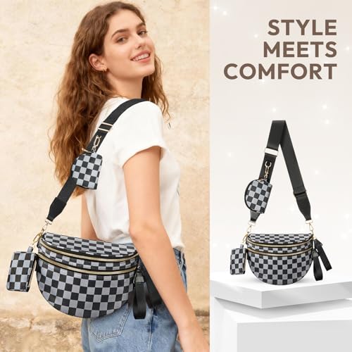 Cross Body Bag for Women Bum Bag Checkered Belt Bags Fanny Packs for Girls Travel Purse Fashion Waist Packs Crossbody Nylon Purse Trendy Shoulder Bags for Womens - color: Checkered Grey