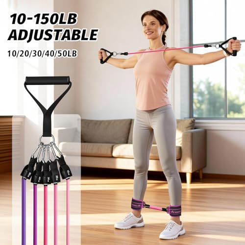 WHATAFIT Resistance Bands with Handles, 150 lb Exercise Bands Set - color: Pink Purple-Ankle