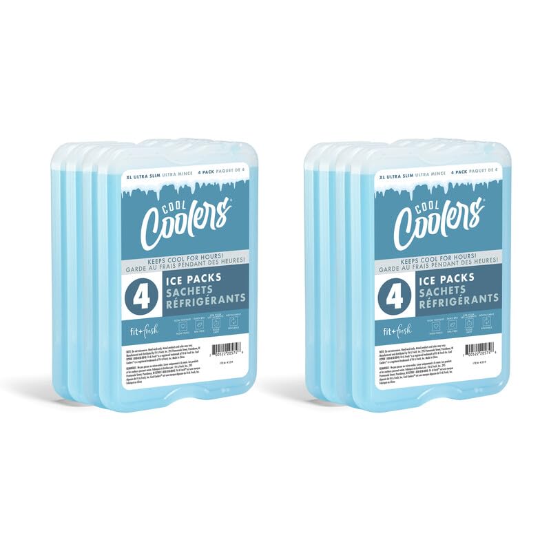 Cool Coolers by Fit & Fresh 4 Pack XL Slim Ice Packs, Quick Freeze Space Saving Reusable Ice Packs for Lunch Boxes or Coolers - color: Clear Blue (8 Pack)