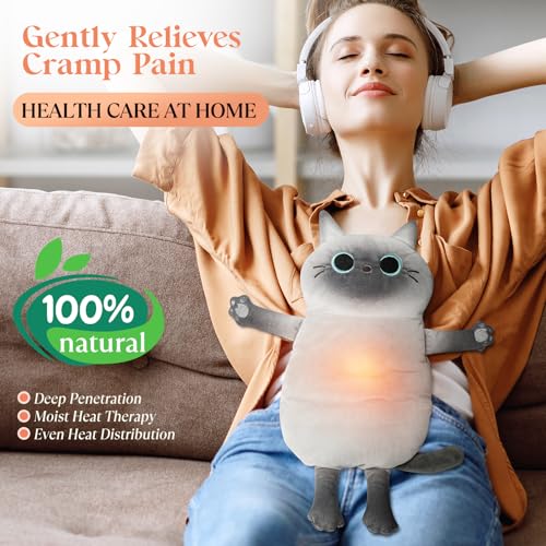 Microwave Heating Pad for Pain Relief, 17" x 15" Microwavable Stuffed Animal for Neck Shoulder, Cramps, Back Pain, Muscles, Joints, Natural Heat Pack Moist Heat, Menstrual Period, Small Gray Cat - size: Small Grey Cat-1