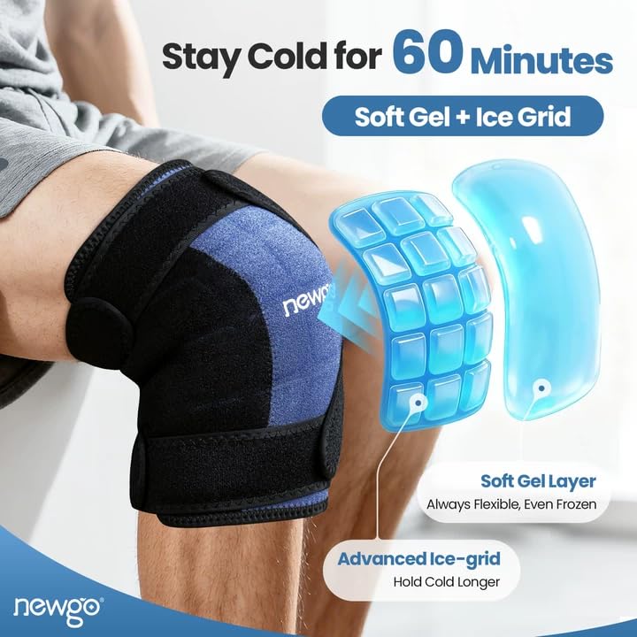 NEWGO 360° Knee Ice Wrap, 60-Min Cold Therapy with Ice Grid, 2 Pack