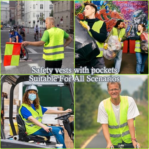 12 Pack Safety Vests with Pockets Yellow Reflective High Visibility,Hi Vis Silver Strip for Men Women Cycling Running Surveying Volunteer Crossing Guard - color: Yellow, size: Medium
