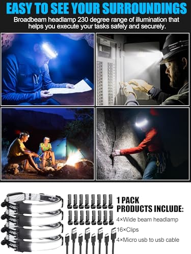 LED Headlamp, USB Rechargeable Hard Hat Light, 230° Broadbeam Headlight - color: Black Stripes + White 4PC