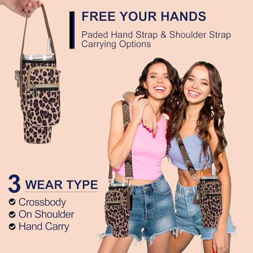 GOEWY Water Bottle Carrier Bag for Stanley Cup 40/30oz with Phone Pockets - color: Leopard（Upgraded with Gift Box）, size: 40oz