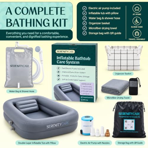 Inflatable Bed Bathtub for Adults, Bedridden Patients - Easy Bed Bath System for Elderly & Disabled - Home Care Portable Medical Bed Shower Solution with Electric Pump and Complete Kit