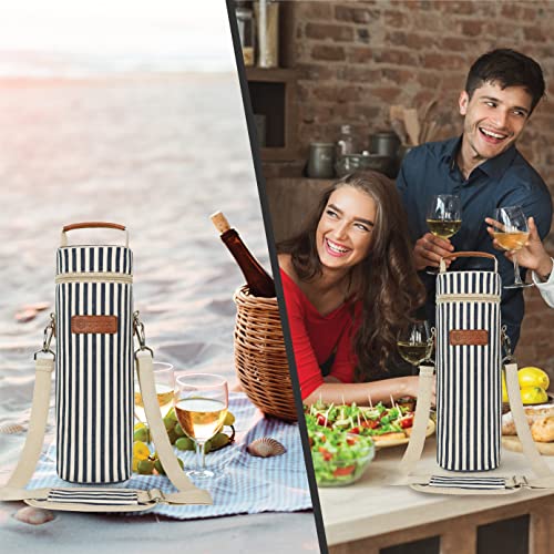 opux Single Bottle Wine Bag Carrier Insulated Cooler Tote, Navy Stripe - color: Navy Stripes