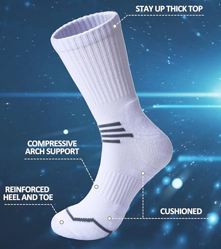 FNOVCO Women's Hiking Walking Running Crew Socks Thick Cushioned Athletic Compression Socks 5 Pairs - color: White, size: 9-11
