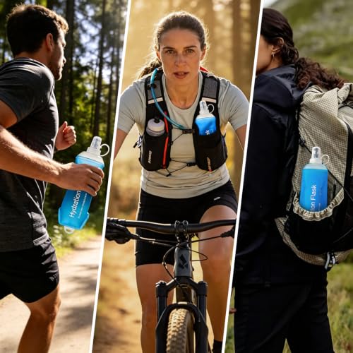 2 Pack 500ml Soft Flask, Shrink As You Drink Collapsible Water Bottles for Running Vest & Hydration Pack, BPA-Free Leak-Proof TPU Folding Bottle for Hiking Cycling Climbing Jogging-Blue - color: Blue