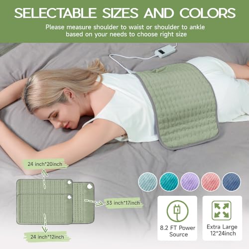 Heating Pad for Full Body Pain Relief 6 Heat Levels 4 Timers Soothes Back, Waist, Neck & Leg Aches Moist Machine Washable Holiday Wellness Gift - color: Green, size: 12'' x 24''