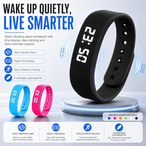 Vibrating Alarm Wristband Clock Smart Watch Bracelets for Mens Digital Heavy Sleepers Fit Wrist Womens Tracker Vibro Vibration Silent Small Distance Teens Shock Despertador Band Alert - color: Black Wristband + Black Replacement Band