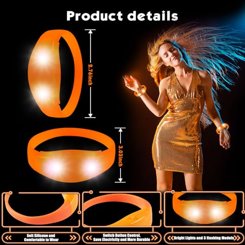 12 Pcs LED Glow Bracelets Sound Activated Flashing Light Up Bracelet for New Years Eve Glow in the Dark Party Supplies Christmas Party Favors Birthday Gift Carnival Concerts Night Events - color: Orange