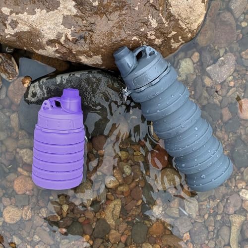 Collapsible Water Bottles Travel water bottle Sports Portable Sport Water Bottle Reusable Water Bottles comes with mountaineering Buckle 500ml silicone Water-proof camping water bottle - color: Purple+Grey, style: 2 pack