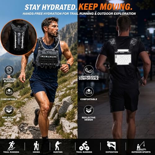 BECOJADDE Running Vest for Men with 2L Water Bladder Tactical Hydration Backpack Adjustable Lightweight Chest Pack for Marathon Hunting Cycling - color: Urban Camo