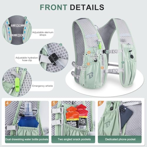 BECOJADDE Running Vest for Women Men, 5L/6L Lightweight Hydration Backpack Running Pack for Marathon, Trail, Cycling, Hiking, Jogging - color: Green