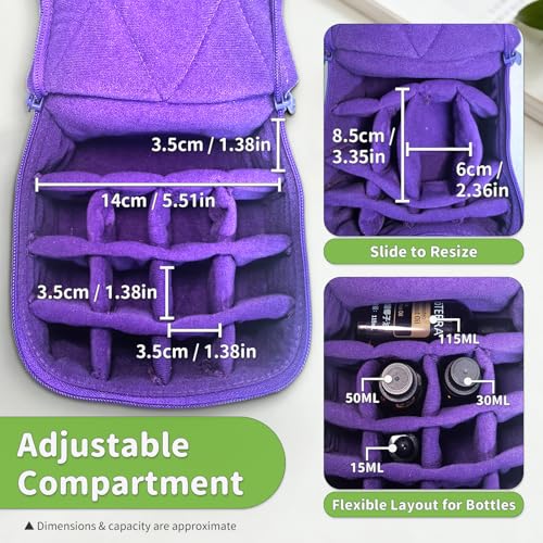 Weljoy Essential Oil Case 13 Bottle Organizer for 30ml 50ml 100ml 115ml 8oz, Travel Bag with Adjustable Dividers Foam Padded for Aromatherapy Roller Dropper Bottles (Purple, 5.9x5.9x5 in) - color: Purple