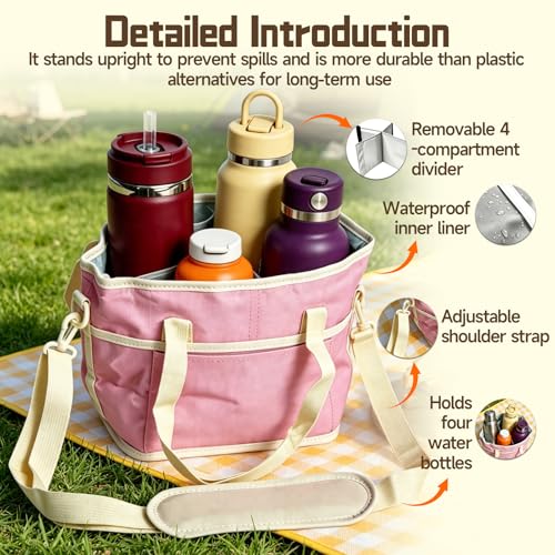 4 Compartment Drink Carrier Bag Family Size Insulated Water Bottle Holder & Tumbler Tote with Adjustable Strap Nylon Organizer Caddy with Front Pocket for Travel, Picnic, Delivery