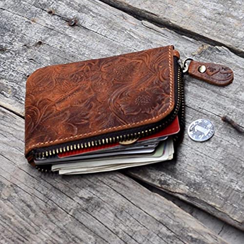 JJNUSA Genuine Leather Zipper Coin Purse Wallet With Key Car Smart Holder, Change Purse, Coin Pouch Holder For Men (Flower brown) - color: Flower brown