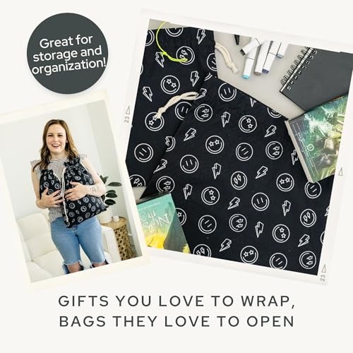 Gather & Knot Drawstring Gift Bags | 20" Large 12" Small | Premium Canvas | Reusable Fabric Wrap for Boy Birthday, Baby Shower | Happy Face - color: Happy Face