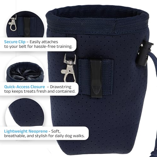 DOOG Neosport Treat & Training Pouch - Lightweight Neoprene Dog Treat Bag with Drawstring Closure & Belt Clip - Compact Hands-Free Reward Holder - Navy - color: Navy Blue, size: Small