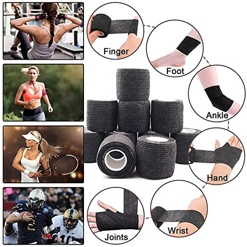 Self-Adherent Grip Tape Wrap - Lyuxzad 6 Pack Cohesive Bandage Wrap 2" x 5 Yards Machine Wrap Cover Elastic Bandage Rolls Self Adhesive Tape Strong Sports Tape Black Bandage Rolls Athletic Tape - size: 6pcs