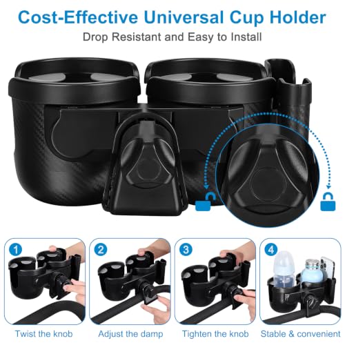 Accmor Stroller Cup Holder with Phone Holder, Bike Cup Holder, Walker Scooter Wheelchair Cup Holder Attachment, Universal Cup Holder for Uppababy Graco Strollers - color: Double Holder-All Black Texture