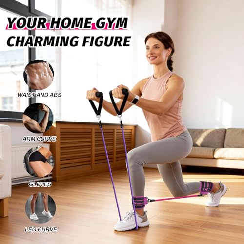 WHATAFIT Resistance Bands with Handles, 150 lb Exercise Bands Set - color: Pink Purple-Ankle