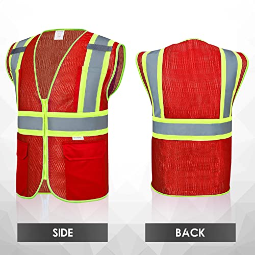 High Visibility Reflective Safety Vest with Zipper and Pockets Red,M - color: Red, size: Medium