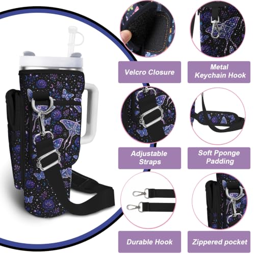 Water Bottle Carrier Bag for Stanley Cup 40/30oz, Neoprene Water Bottle Holder Pouch with 3 Pocket Adjustable Shoulder & Hand Strap - color: Purple Butterfly