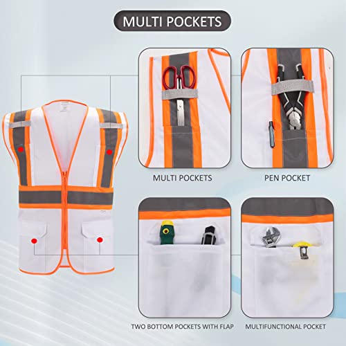 High Visibility Reflective Safety Vest with Zipper and Pockets White,L - color: White, size: Large