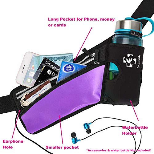 Running Belt Sport Waist Pack/Pouch w/Water Bottle Holder Hydration Fanny Pack Reflective Stripes Cellphone Storage Earphone hole for Dog walker Hiking Travel Adjustable Women/Men (Black/Purple) - color: Black/Purple