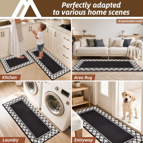 COSY HOMEER Washable Kitchen Rugs Sets of 2 Non-Slip Kitchen Mats,Black - color: Black, size: 24"x35" + 24"x60"