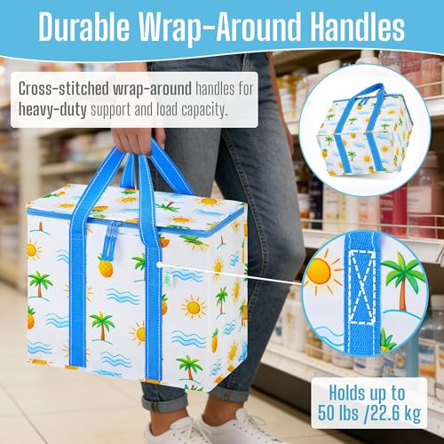 VENO 2 Pack Insulated Grocery Bags, Hard Bottom, Tropical Island - color: Tropical Island, size: 15.7"W x 12.6"H x 8.7"D - 2 Pack