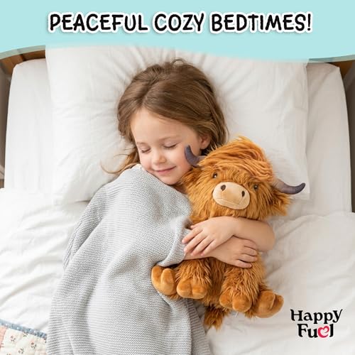 Highland Cow Microwavable Stuffed Animal – 1.5 lb Unscented Heating Pad Plush, Soft Cozy Cute Cow Toy for Relaxation and Comfort, Gift for Women, Girls, Adults & Kids by Happy Fuel - color: Brown Highland Cow (Sitting Down)