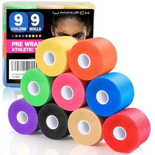 9 Rolls (108 Yards) Prewrap Athletic Tape, 9 Colors Sports Pre Wrap
