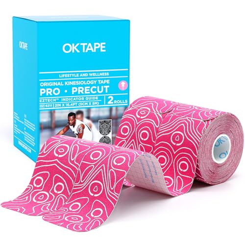 OK TAPE Kinesiology Tape PRO Pre-Cut Latex Free Strips 2in x 16.4ft 2Rolls - color: Pink+white