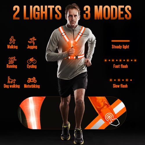 LED Reflective Vest Running Gear, Light Up Running Vest Rechargeable, Night Safety Gear for Walking Running Cycling - color: Orange