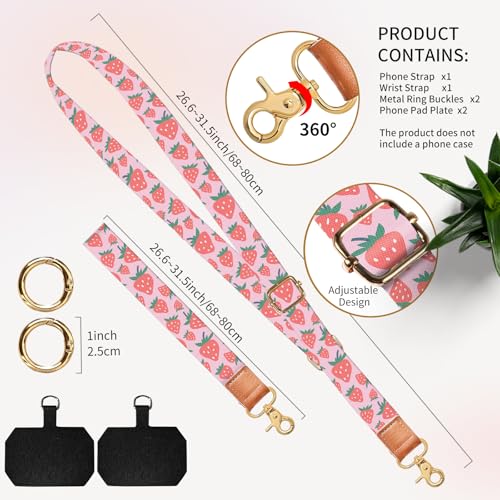Cell Phone Lanyard Adjustable Crossbody Strap, Cute Phone Neck Wristlet Wrist Strap Patch for Keys Case Accessories - color: Pink Red Strawberry