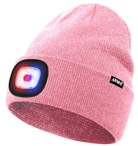 ATNKE LED Lighted Beanie Hat,USB Rechargeable 4 LED Red and Blue Flashing Running Headlamp Cap Gifts for Men and Women - color: #Blended Pink Goldwire