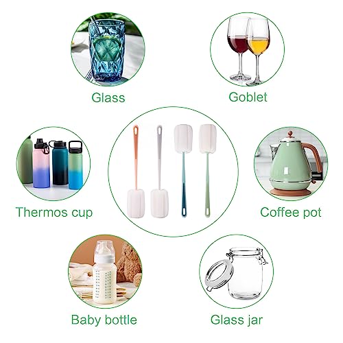 4 PCS Sponge Bottle Brushes, Bottles Scrubber Cleaning Brush with Handle, Water Bottles Cleaner for Thermos, Mug, Cup, Teapot